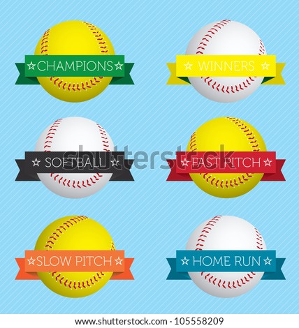 Vector Set: Softball  Labels and Stickers with Banners