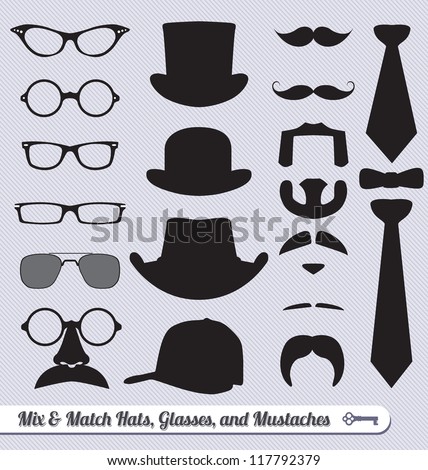 Vector Set: Mix and Match Mustache Glasses Hats and Ties