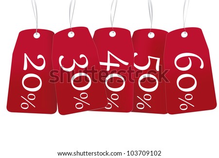 several red labels with various discounts from 20% to 60%