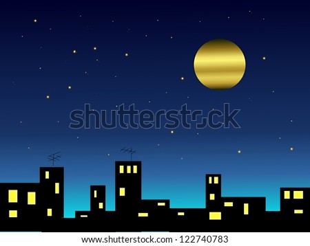 Moon with stars in the night sky above the city.