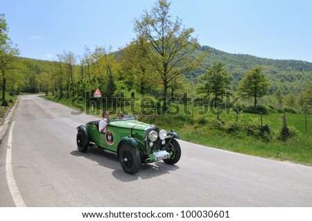 PIEVE SANTO STEFANO (AR), ITALY - MAY 13: Christopher Lunn drives a green 1931 built Talbot AV 105 vintage car during a time trial at 1000 Miglia race on May 13, 2011 near Pieve Santo Stefano (AR)