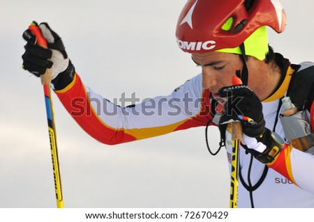 VAL MARTELLO, ITALY - MARCH 6: Fatigue shows on face of spanish skier Kelian Jornet i Burgada during the ISMF Skitour world cup race Marmotta Trophy 2011 March 6, 2011 in Val Martello