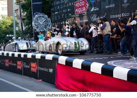BRESCIA ITALY - MAY 17: silver 1939 BMW 328 roadster driven by G. Cana starts the 1000 Miglia 2012, on May 17, 2012 in Brescia