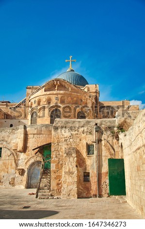 Similar – Image, Stock Photo Church of the Holy Cross with mountain in the background, Perissa, Santorini, Greece