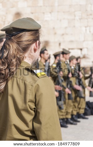 Jerusalem, Israel-Palestine - June 21, 2011: Participants in the Israeli Army\'s Marva program, gather in front of the Western Wall for their graduation ceremony.