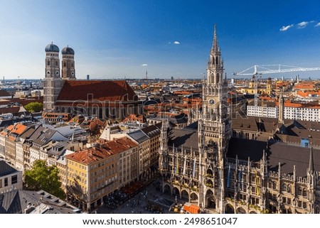 Similar – Image, Stock Photo Munich skyline, view from Monopteros temple in Englischer Garten, Germany. The image shows: Bavarian State Chancellery, Tower of St. Peter Church, Tower of New Town Hall, Frauenkirche, Theatinerkirche