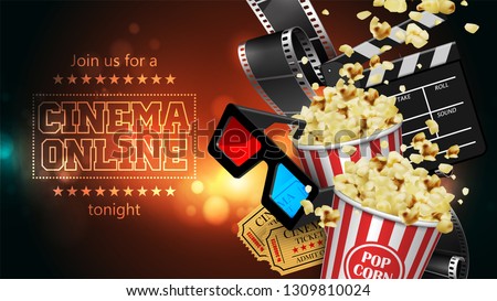 Advertising for the film industry. Film, popcorn, glasses and tickets  on a reflective surface. 3D vector. High detailed realistic illustration