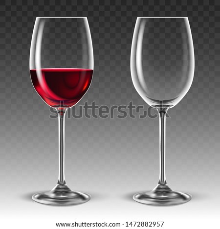 Two transparent glasses for wine, one of which is half filled with red wine. 3D vector. High detailed realistic illustration.