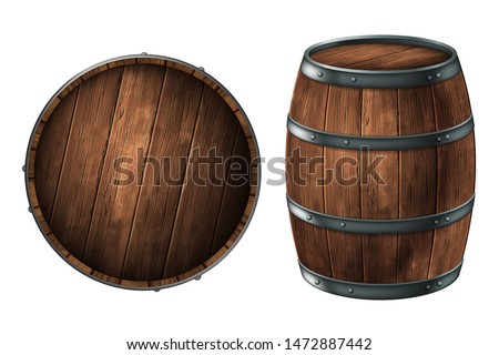A wooden barrel for storing alcoholic beverages and a barrel lid.  3D vector. High detailed realistic illustration.