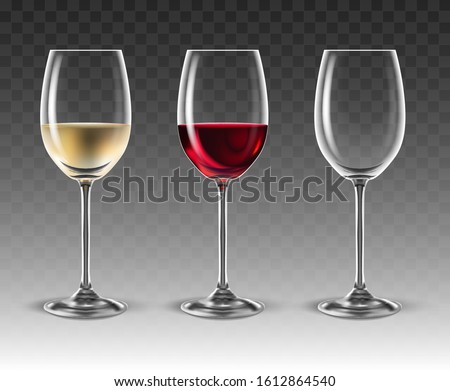 Three transparent glasses for wine, one of which is half filled with white wine, the second half is filled with red wine and the third glass is empty. 3D vector. High detailed realistic illustration.