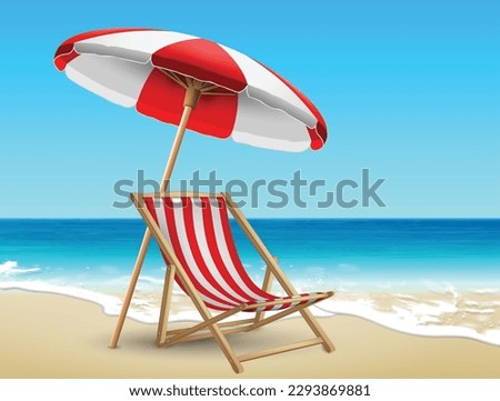 Summer landscape. Chaise lounge and beach umbrella in red and white stripes on the shore, at the edge of the surf. Highly realistic illustration.