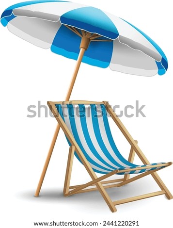 White and blue striped sun lounger and beach umbrella on a white background. Highly realistic illustration.