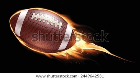 Oval leather American football ball on fire. Highly realistic illustration.