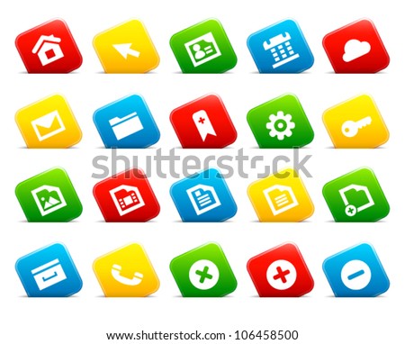 Web icons on colored cut square buttons, set 1. Shadows are transparent - you can put it on every surface. 10 EPS