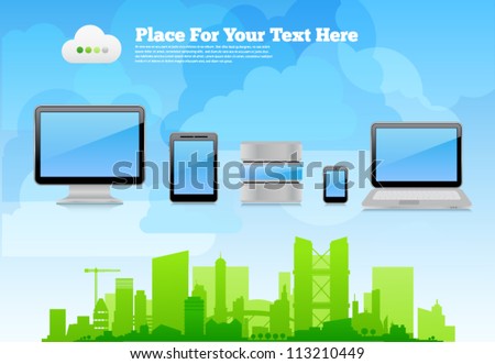 Vector desktop wallpaper or placard background with eco city skyline on cloudy sky, 3d high-detailed computer devices with reflections and place for text. Image contains transparency, 10 EPS