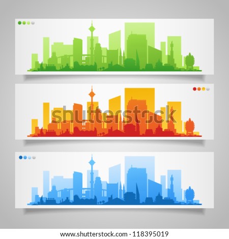 Vector collection of city skylines banners, set 2, divided on layers for create parallax effect on your site. Image contains transparency in banner shadows and can be placed on every surface, EPS 10