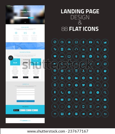 Responsive landing page or one page website template in flat design with modern blurred header background