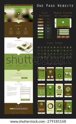 Responsive landing page or one page website template in flat design with modern blurred header background, trend flat icons and buttons, and mobile UI app templates