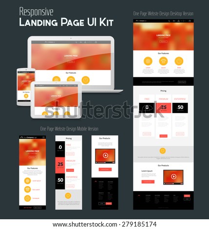 Responsive landing page or one page website template in flat design with modern blurred header background, laptop, tablet and smartphone mock-ups and tablet and smartphone website versions