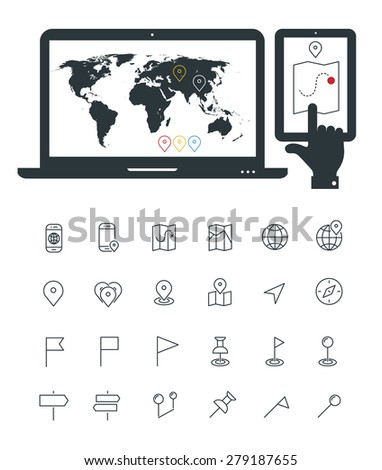 Laptop and smartphone mockup with world map and map line thin icons