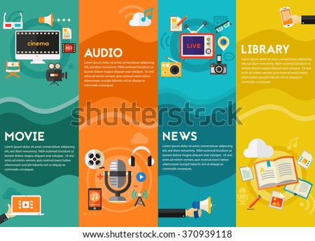 Audio production and podcast, e-ibrary and distance learning, video production and motion graphic, news and reports concept. Vertical Banners