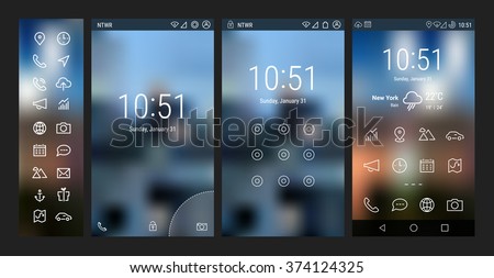 Trendy bold line mobile smartphone UI app template, with basic app and wireframe ui bold line icon set, on blurred background. Welcome, lock and home page screens