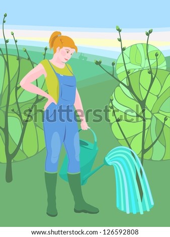 Girl gardener in denim overalls and rubber boots, watering tree with spring buds from a watering can. Raster copy of vector image.