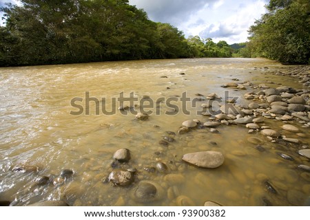 The Rio Coca in the Ecuadorian Amazon. The water brown with sediment because of deforestation upstream