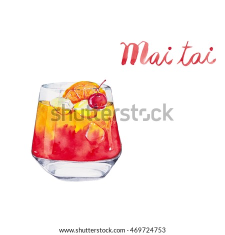Mai tai. Cocktails , watercolor painting isolated on white background. 