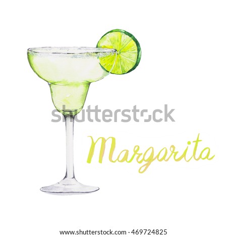 Margarita. Cocktails , watercolor painting isolated on white background. 