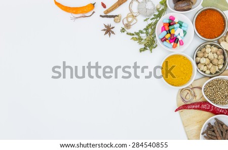 fresh medicinal herbs and spices on a white background for decorate and design project.