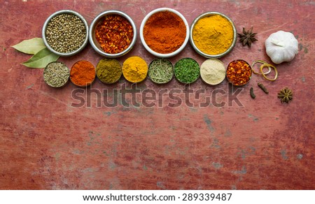 Mixed spices and herbs.Food and cuisine ingredients red background for decorate design.