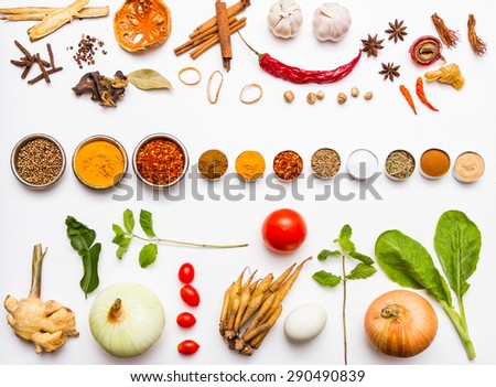Fresh vegetables and other healthy foods on white background for decorate design.