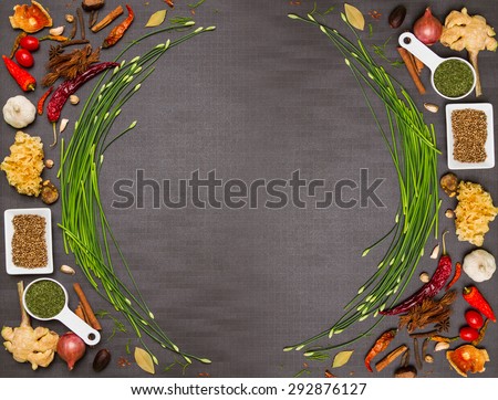 Mix spices and herb for health on background and design.