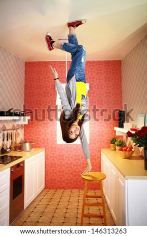 City young china new house wife is in a trouble kitchen world, like zero gravity rotating in housekeeping and food cooking