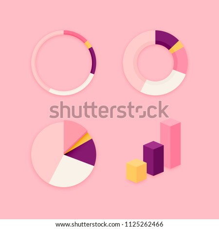 Stylish pink chart diagram vector set. Ring, pie, donut and column graph blank infographics material flat design element templates on minimal pink background.