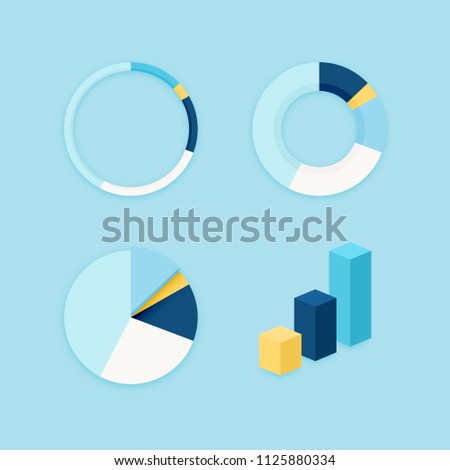 Colorful chart diagram vector set. Ring, pie, donut and column graph blank infographics material flat design element templates on minimal blue background.