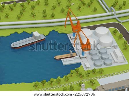 Illustration of cross section of sea with oil and gas platform in the gulf or the sea, transporting gas or oil on land station.