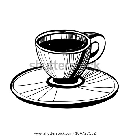 Black And White Simple Sketch Of A Coffee Cup With Saucer Stock Vector ...