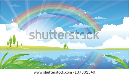 beautiful summer landscape with river and rainbow