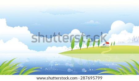 beautiful summer landscape with hills river rain and lone home