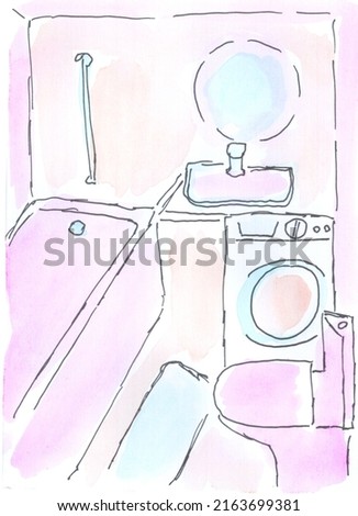 Bathroom interior. Inside the house. Head office. Watercolor, art decoration, sketch. Illustration hand drawn modern new
