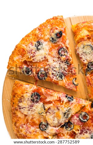 Tasty pizza on a wooden board, isolated on white background
