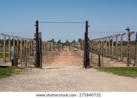 Barbed wire electrical fence at Auschwitz Birkenau, World War II, Second World War,WW2, Poland