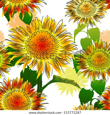 Seamless pattern with sunflowers. Raster version of vector illustration