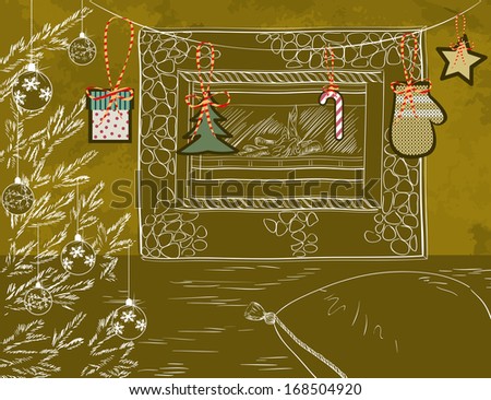 Christmas room with fireplace and Christmas decorations. Raster version of vector illustration