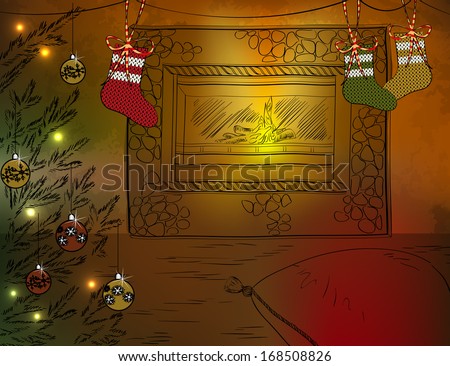 Christmas room with fireplace and Christmas tree . Raster version