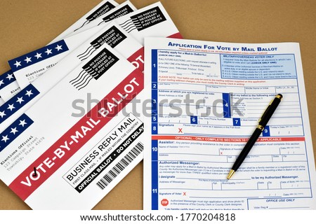 Mockup of Vote by Mail Ballot envelopes and application letter to vote by mail for election.