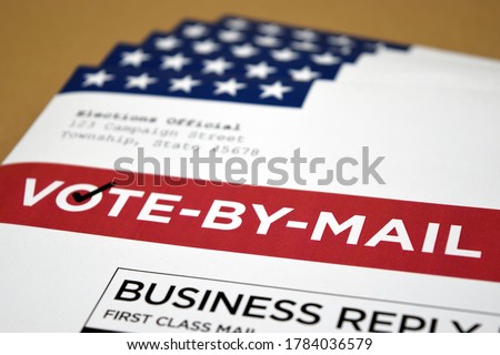 Mockup (fake / print-out concept) for election theme of Vote by Mail Ballot envelopes for election.