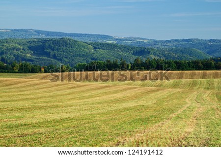 Harvested fields, rolling terrain, stubble, in the background forest and forested mountain
